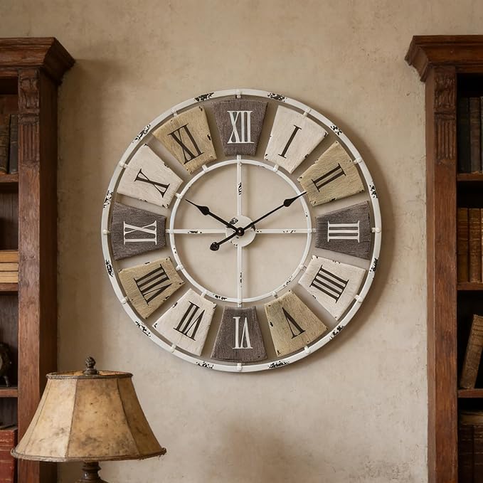 Distressed Metal Wall Clock 32 Inch, Industrial Vintage Roman Numerals, Weathered Iron Frame Farmhouse Office Cafe Decor