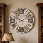 Distressed Metal Wall Clock 16 Inch, Industrial Vintage Roman Numerals, Weathered Iron Frame Farmhouse Office Cafe Decor
