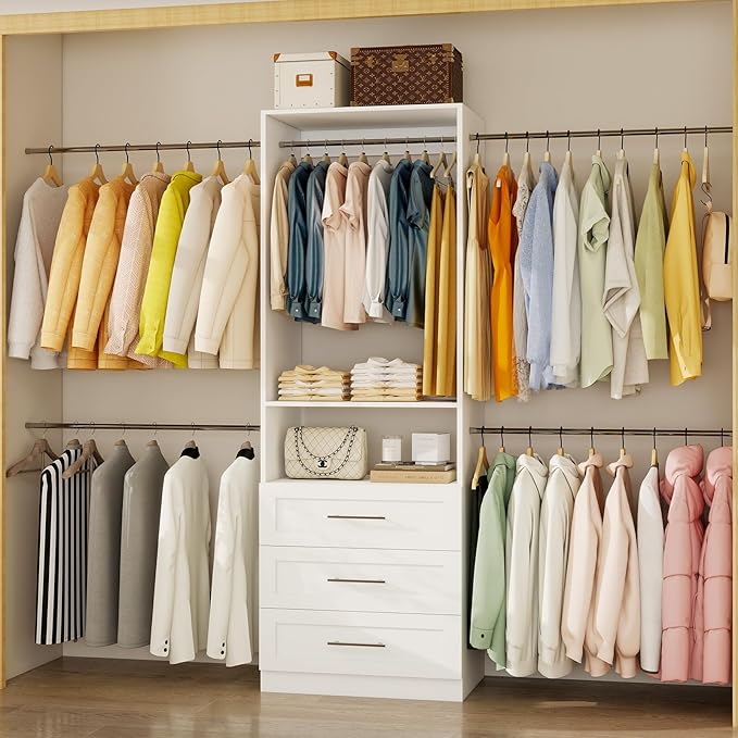 Closet System, 4FT-8FT-9FT Closet Organizer With Drawers Wooden, Walk in Closet System with 5pcs Hanging Rods and Shelves Storage, Closet Built in System Wardrobe Organizer, White
