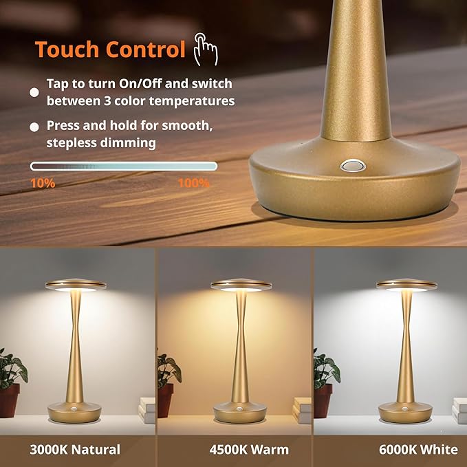 Cordless Table Lamp Rechargeable, 6000mAh Battery Operated Portable Table Light,Dimming LED Table Lamp for Restaurant/Patio/Outdoor (Bronze)