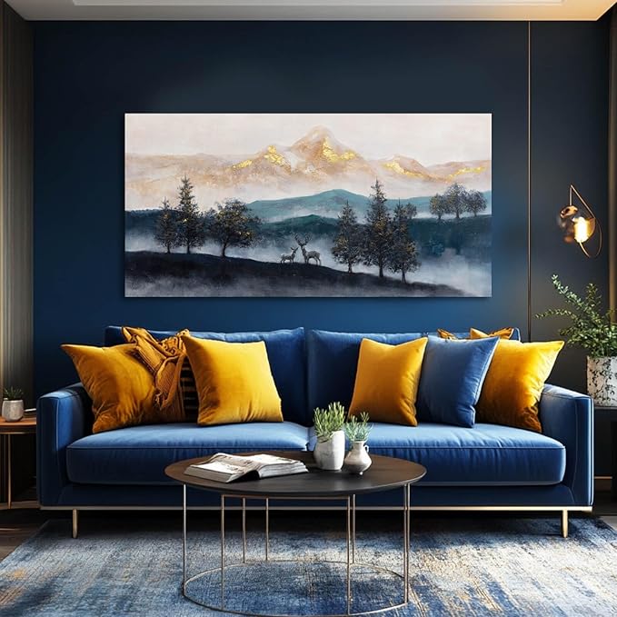 GAIDUOMAI Mountain Canvas Wall Art Gold and Blue Painting Pictures Animals Prints for Wall Decor 24x48 Inch Poster for Living Room Bedroom Home Hanging Decor