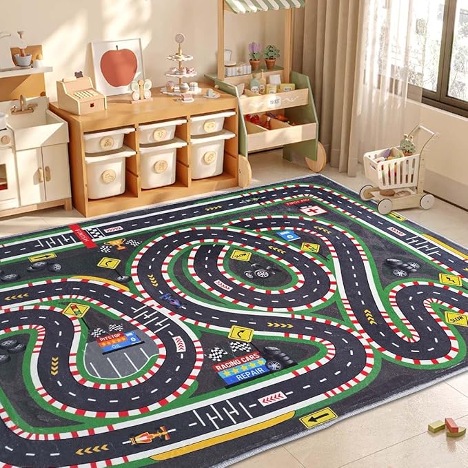 Kids Rug,Children's Room Rug,Road Race Play Rugs, Rail City Living Rugs, Washable Non-Slip Play Mats. (Grey, 39x59in)