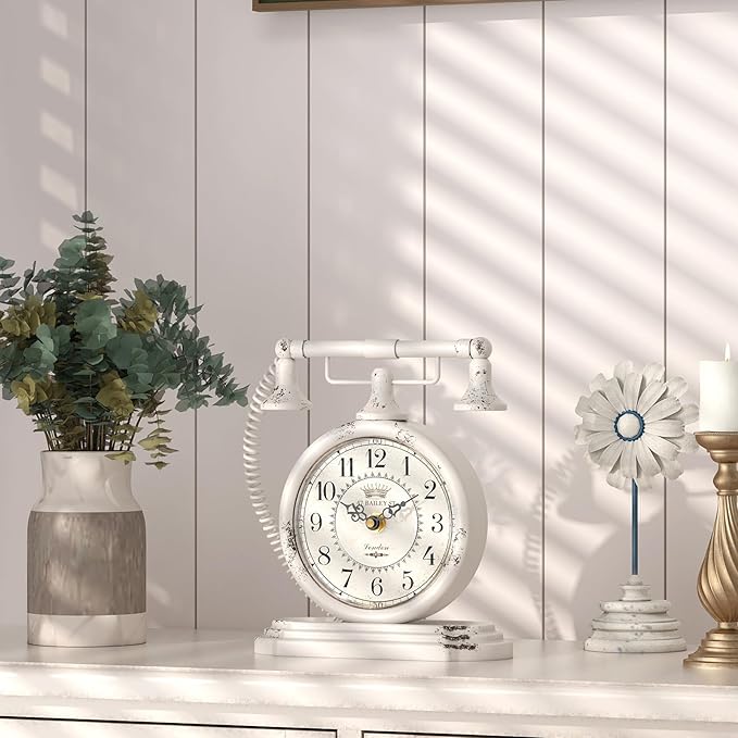 Vintage Table Clock, Desk and Shelf Decor Clock, White Antique Telephone Style Mantel Clocks, for Living Room, Farmhouse, Bedroom, Bedside, Gift (7.3" H x 7.3" W)