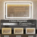 40"x24" LED Bathroom Mirror, Front and Backlit, Anti-Fog Bathroom Vanity Mirror, Stepless Dimmable Lighted, 3 Colors Smart Mirror (Horizontal/Vertical)