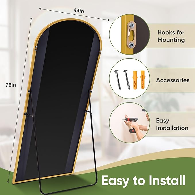 Full Length Mirror, 76"x44" Arched Full Body Mirror, Oversized Floor Mirrors, Leaning Free Standing Mirrors, Hanging Mounted Large Mirrors for Bedroom Dressing Room, Cloakroom, Gold