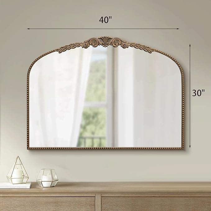 Besdomus Gold Large Arched Mirror: 40"x 30" French Baroque Vintage Mirror - Traditional Ornate Antique Mirrors for Wall/Mantel/Bedroom/Entryway/Bathroom/Hallway - Home Decor for Fashion-Conscious