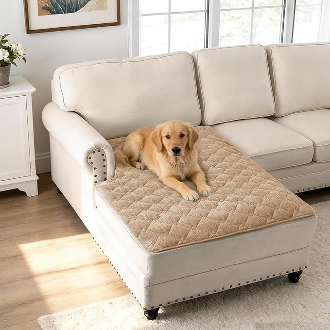H.VERSAILTEX Couch Cover Chenille Pet Fuzzy Sofa Covers for 2 Cushion Couch Anti Slip Washable Sofa Slipcovers with Strap Soft Couch Protector Cover for Dogs Cats Kids(40" x 50",Khaki)