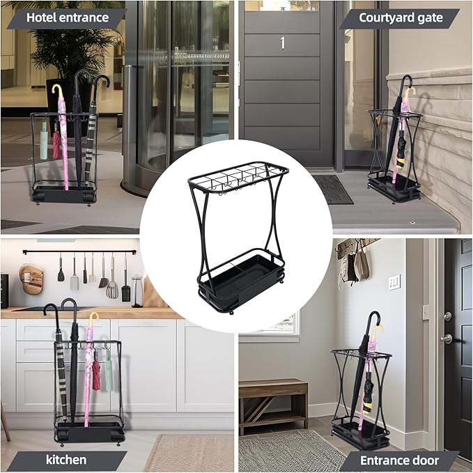 Umbrella Stand Rack with 15 slots Umbrella Holder for Entryway Umbrella Holder with Removable Drip Tray, Medium Black