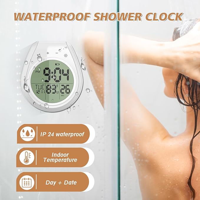 Shower Timer Clock Waterproof, Digital Bathroom Kitchen Wall Clock with LCD Display, 12/24 Hour Format, Temperature, Countdown Timer, Suction Cup, Hanging Hole