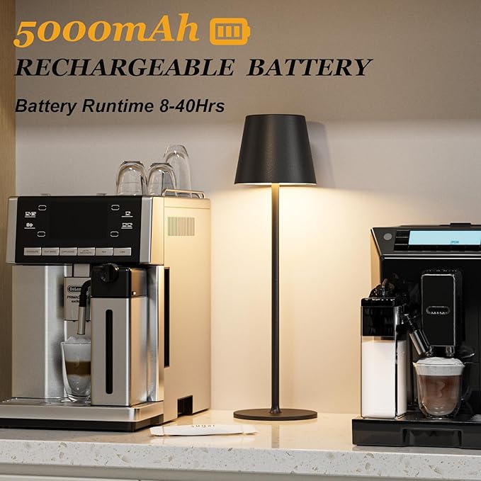 Kakanuo Black Cordless Table Lamp Rechargeable - KK 1 Pack 5000mAH Battery Operated Lamp for Counter, 3 Color Stepless Dimming Wireless Lamps for Dining Kitchen, Outdoor Patio, Touch Control