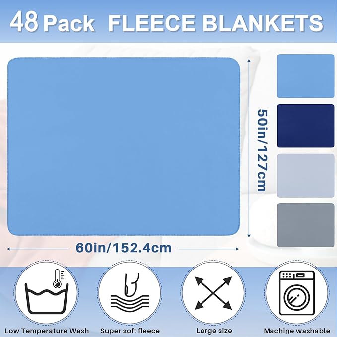Newwiee 48 Pcs Fleece Throw Blankets Bulk 50'' x 60'' Oeko-tex Standard 100 Certified Spring Outdoor Wedding Guest Blankets Lightweight for Sleepover Donation Lap Pet Sofa Home (Blue Shades)