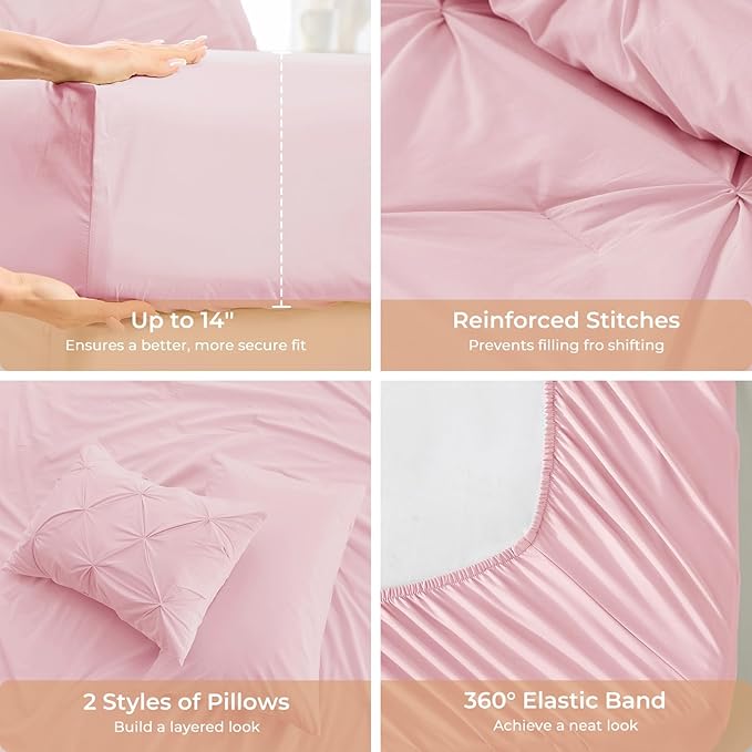 Sasttie California King Comforter Set, 7-Piece Bed in a Bag, Pintuck Bedding Sets for All Season, Includes Comforter, Flat Sheet, Fitted Sheet, Pillowcases and Pillowshams, Baby Pink