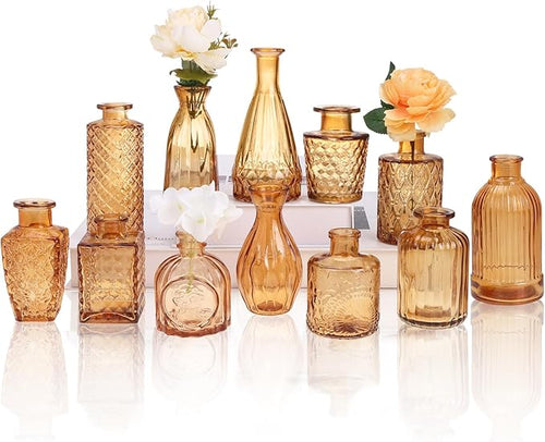 12 Pack Amber Gold Glass Bud Vase Set, Small Vintage Vases for Centerpieces, Decorative Flower Vases for Wedding Home Table Decor