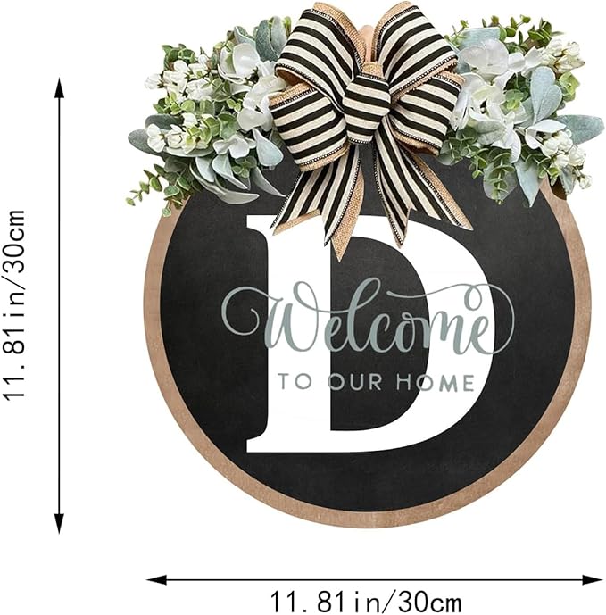 Circular Surname Front Door Welcome Sign - 26 Letter House Wreath, Front Porch Decorations, Year-Round Home Decor (D)