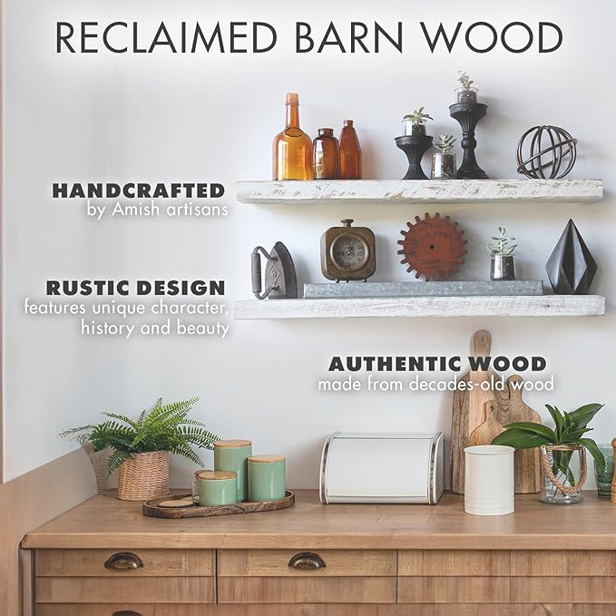 Urban Legacy Reclaimed Barnwood Planks | Floating Shelves for Wall w/Flush Mount Shelf Bracket Set Included | Set of 2 (White Wash, 48" x 7" x 2")