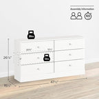 Prepac Astrid 6 Drawer Double Dresser for Bedroom with Crystal Knobs, Wide Chest of Drawers, Bedroom Furniture, Clothes Storage and Organizer, 15.5" D x 47.5" W x 26.85" H, White