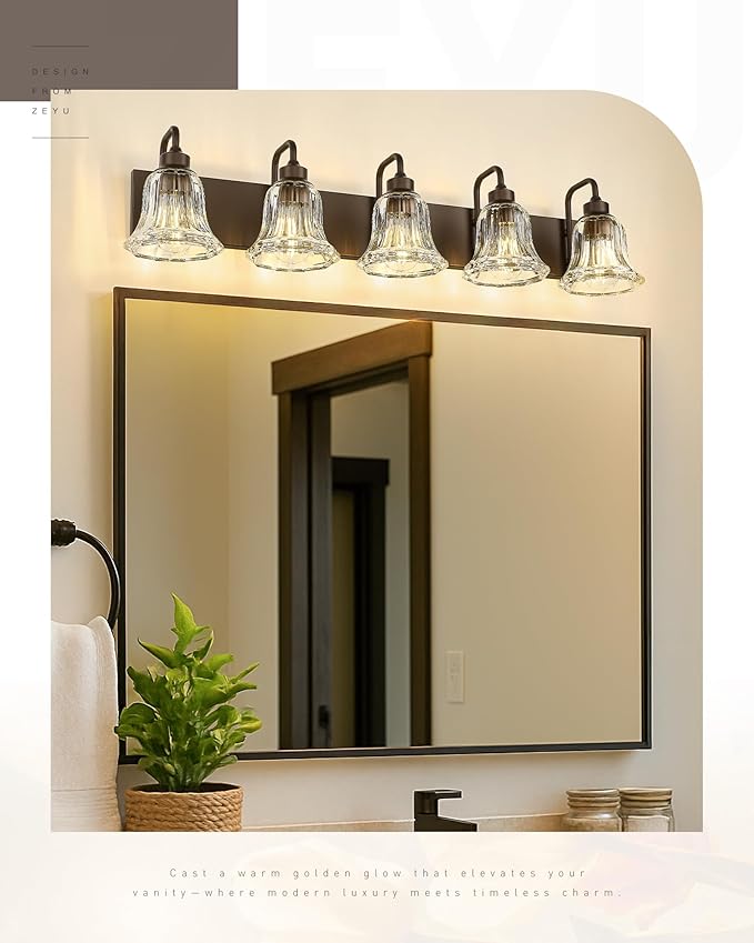 zeyu 37.8 Inch Bronze Wall Sconce Lights, Bathroom Light Fixtures, 5-Light Vanity Wall Sconce Over Mirror, Oil Rubbed Bronze Finish with Clear Striped Glass, ZJX117B-5W ORB