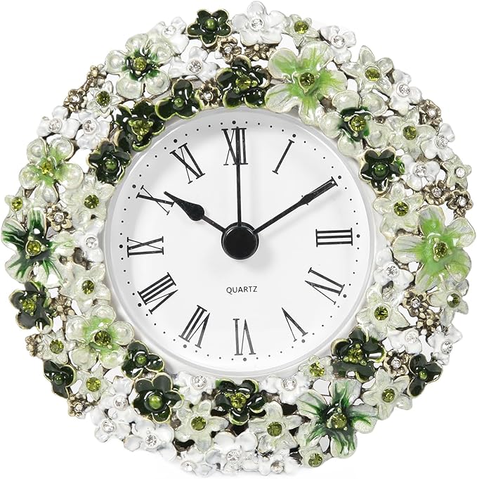 Mini Tabletop Clock, Decorative Vintage Floral Metal Table Clock with Battery Operated for Bedside, Table, Living Room, Home and Office