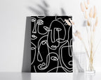 Abstract Face Pattern Wrapped Canvas Wall Art Black Background White Continuous Line Drawing 12x16 Inch Gallery Stretched Modern Home Art Decor