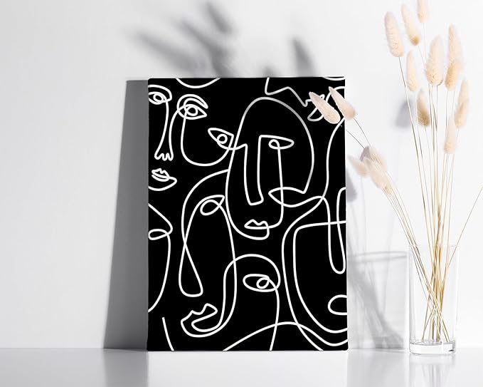 Abstract Face Pattern Wrapped Canvas Wall Art Black Background White Continuous Line Drawing 12x16 Inch Gallery Stretched Modern Home Art Decor