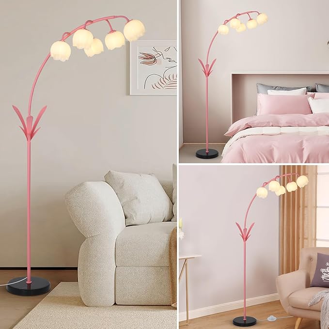 HMVPL Pink Flower Floor Lamp for Living Room, Floral Arched Floor Lamp with 5 G9 LED Bulbs, Foot Switch, Curved Standing Lamp with Acrylic Shade, Cute Tall Lamp for Living Room Bedroom Girls Nursery