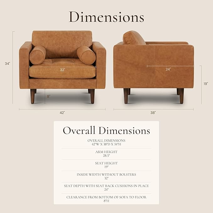 POLY & BARK Napa Lounge Chair – 42” – Cognac Tan – Italian-Tanned Full-Grain Pure-Aniline Leather, Feather-Down Cushions, Solid Wood Frame