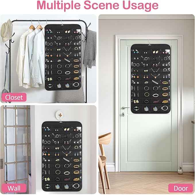 Hanging Jewelry Organizer for Closet with Swiveling Hanger, 17 x 30 In, 80 Clear Pockets Jewelry Organizer Hanging for Jewelries, Earrings, Accessories (Beige) (2, Black)