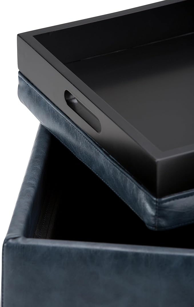 SIMPLIHOME Rockwood Cube Storage Ottoman with Tray - 17 inch Wide Upholstered Vegan Leather Square Storage Ottoman in Denim Blue, Contemporary Cube Ottoman for Living Room with Serving Tray