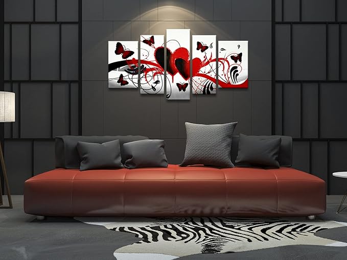 Wieco Art Red Flower Love Butterfly Abstract Oil Paintings on Canvas Wall Art Ready to Hang for Living Room Bedroom Home Decorations Modern 5 Panels Stretched and Framed 100% Hand Painted Artwork
