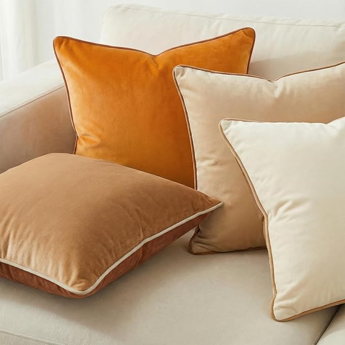 Mecatny Set of 4 Velvet Throw Pillow Covers 20x20, Soft Colorful Accent Decorative Couch Pillow Covers for Sofa Bedroom Living Room, Brown/Khaki
