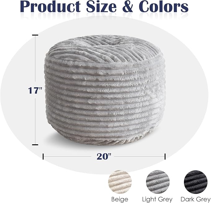 Round Pouf Ottoman,Corduroy Poufs with Memory Foam Filling for Foot Rest,Soft Footstool for Living Room,Office,20"x 17",Light Grey