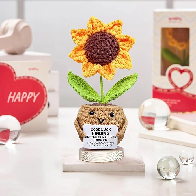 Gossby Handmade Positive Sunflower Doll Crochet with Card - Women Coworker Appreciation Gift - Retirement, Farewell, Goodbye, Leaving, Going Away Gift for Coworker - Good Luck Finding Better Coworkers