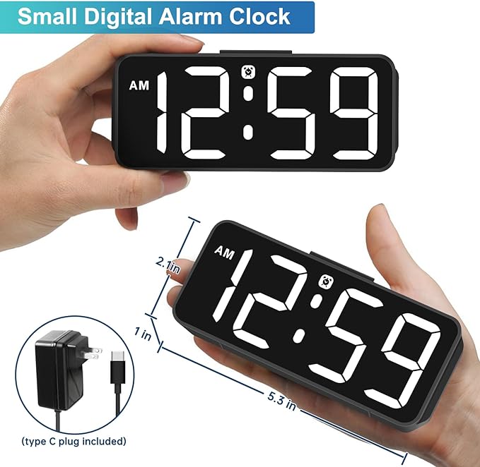 Peakeep Small Digital Alarm Clock Plug in for Bedrooms Bedside, Tiny Electric Clock Large Big Numbers Display Battery Backup for Desk Table, 6 Dimmers, 5 Adjustable Alarm Volume (White)