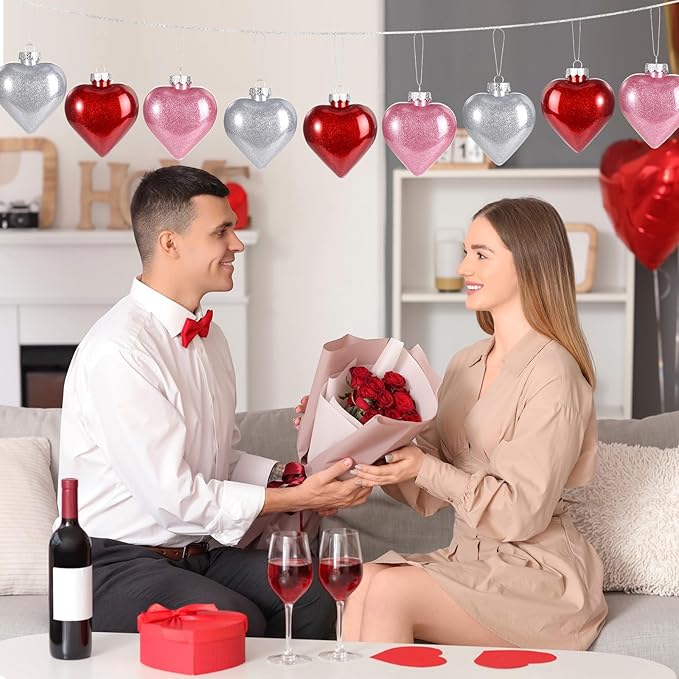 Civaner 12 Pcs Large Valentine's Day Heart Shaped Ornaments Outdoor, Glitter Heart Shaped Baubles with Pre-Strung Wire, Romantic Home Hanging Decorations for Valentine Tree (Red Pink Silver)