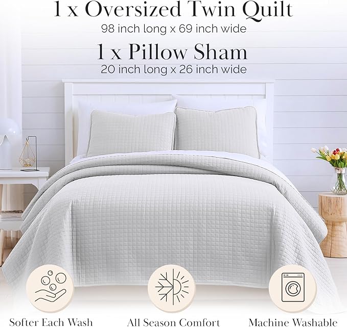 Southshore Fine Living, Inc. Twin XL Comforter Quilt Bedding Set, Dorm Room Bedding Essentials, Stain Resistant, Machine Washable Bedspread, XL/Twin Grey Quilt Bed Spread with Pillow Sham, Light Grey