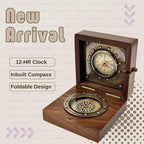 Vintage Wooden Box with Clock and Compass, Shelf Decor, London Style Roman Numeral Display, Steampunk Desk/Mantel Clocks, Wedding, Engagement Gift for Men or Women, for Husband Wife
