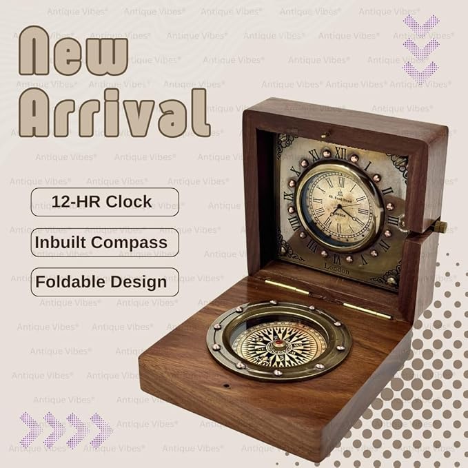 Vintage Wooden Box with Clock and Compass, Shelf Decor, London Style Roman Numeral Display, Steampunk Desk/Mantel Clocks, Wedding, Engagement Gift for Men or Women, for Husband Wife