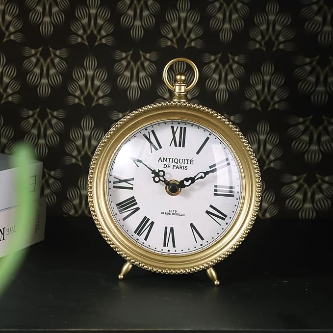NIKKY HOME Gold Table Clock, Silent Non-Ticking Shelf Desk Top Clock Battery Operated Classic Design, Decorative Home Decor for Living Room, Fireplace Mantel, Desktop, Countertop