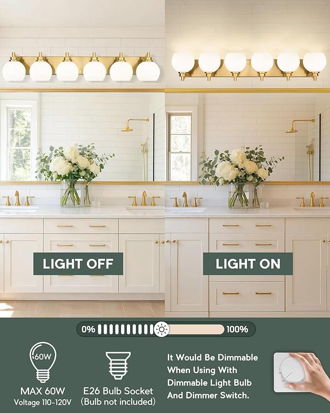 Bathroom Light Fixtures, 6-Light Brushed Gold Bathroom Vanity Lights Over Mirror with Globe Milk White Glass Shade, 38 Inch Modern Vanity Lighting Fixtures, VL195-BG-ML-6
