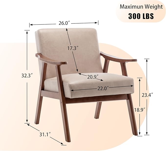 KEIKI Mid-Century Modern Accent Chair with Solid Wood Frame, Velvet Upholstered Chair with Supportive Foam Cushion for Relaxing & Reading