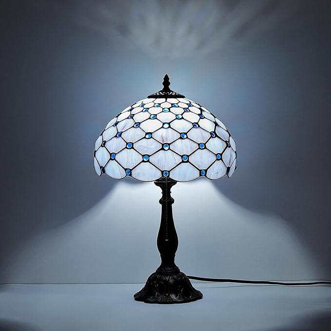 Tiffany Lamp Vintage White Grey Stained Glass Bead Table Lamp Desk Bedside Reading Light Decor Bedroom Living Room Home Office D12*H18 Inches