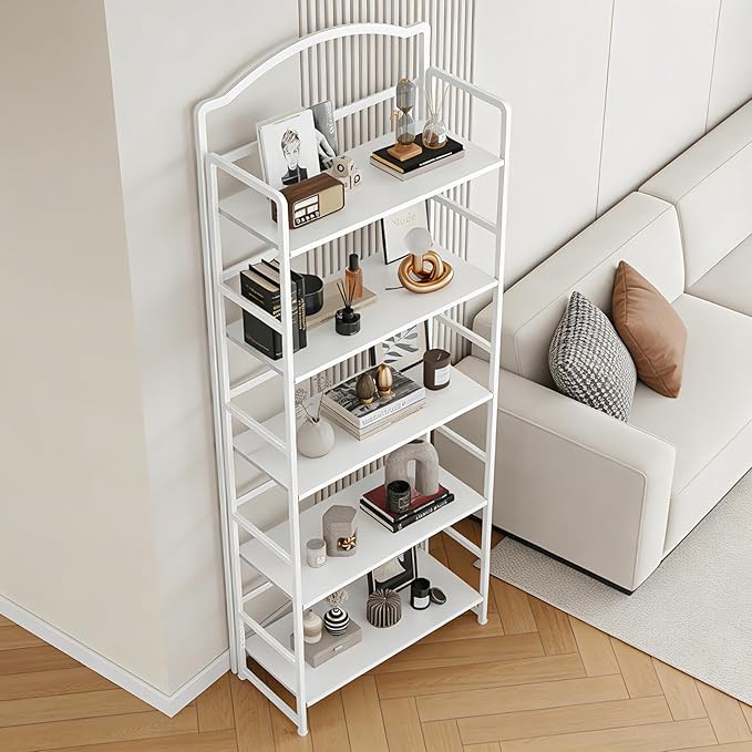JSB No Assembly Folding Bookshelf, 5 Tier Book Shelf for Storage, Vintage Wood Foldable Bookcase for Living Room, Bedroom, Office Organization Shelves