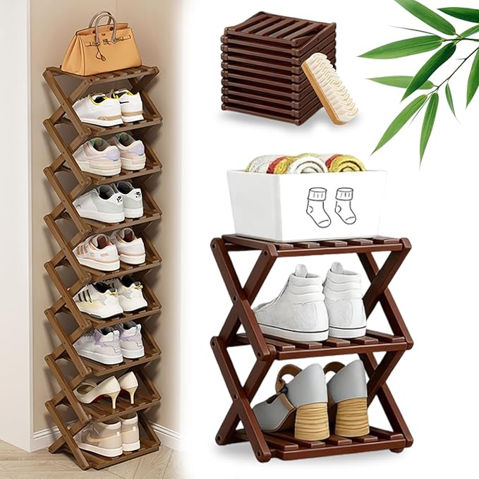 DDRIC 9-Tier No-Assembly Bamboo Rack, 2026 Upgraded Foldable Corner Shoe Rack, Space-Saving Organizer for Shoes, No-Tool Narrow Shelf for Entryway Closet Dorm (Brown,3-Tier)