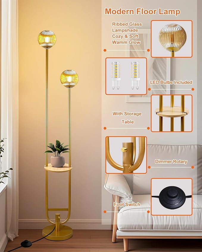 Glass Floor Lamp with Tray, Gold Dimmable Globe Floor Lamp for Wedding/Party, 2Pcs 3000K Soft Warm White Bulbs Included, Mid Century Modern Standing Lamps for Living Room Bedroom