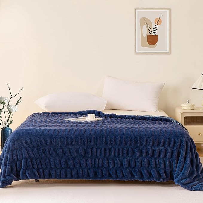 Sophia & William Ruched Faux Fur Throw Blanket Bed Blanket - Luxury Lightweight Plush Fuzzy Cozy Soft Blankets, Blue, 60" x 80"