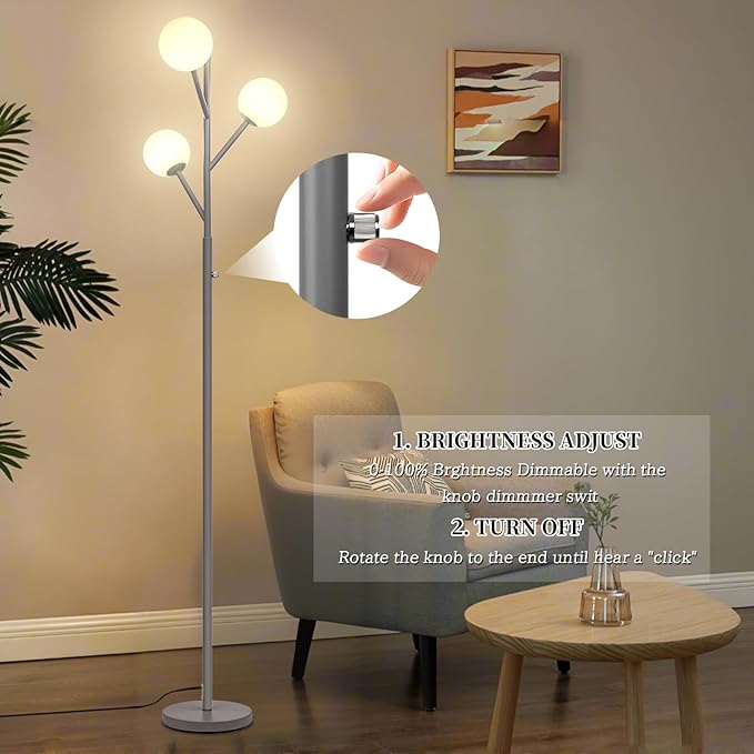 Dimmable 3-Globe Mid Century Modern Floor Lamp, Bulbs Included,70in Tall Silver Standing Floor Lamp with Frosted Glass Shade for Living Room,Office Bedroom, Study Room, Hotel, (dimmer-Silver)