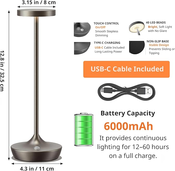 Cordless Table Lamps Outdoor - Rechargeable 6000mAh Battery Operated Table Lights - LED Portable Touch Dimmable Waterproof Table Lamp for Patio Restaurant Dining (2 Grey)