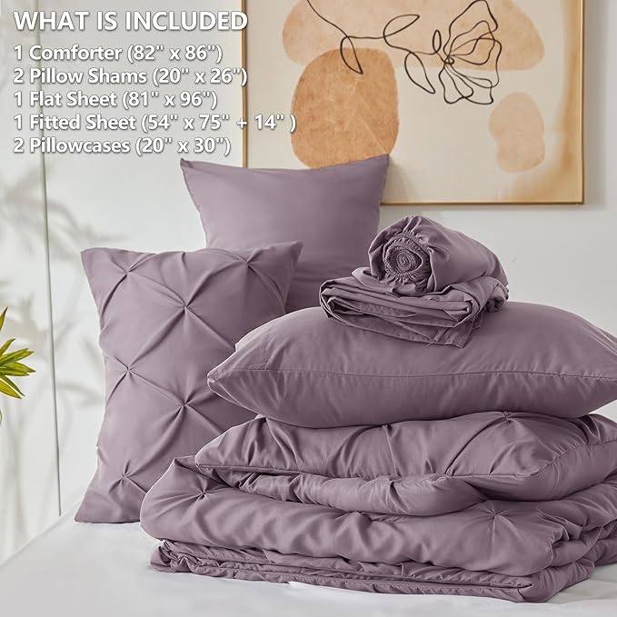 CozyLux Full Size Comforter Sets Grayish Purple, 7 Pieces Bed in A Bag Purple Comforter Full Size, Pinch Pleat Bedding Sets with All Season Comforter, Sheets, Pillowcases & Shams