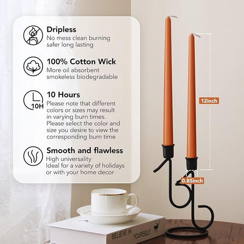 12-Inch Tall Dripless Taper Candles Set of 4 - Burnt Orange Tapered Candles, Perfect for Wedding,Dinner - Smokeless, Unscented, Long Burning - Hand Poured, Colored Tall Candlesticks