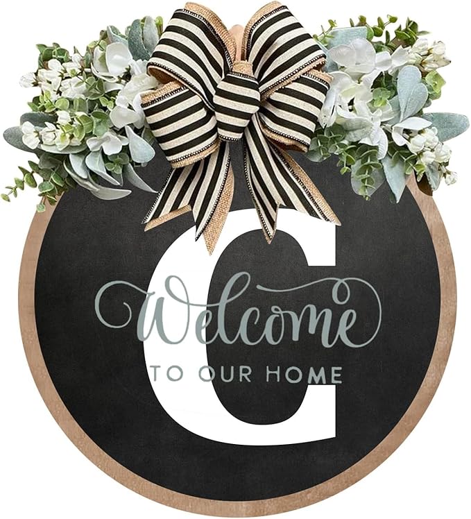 Circular Surname Front Door Welcome Sign - 26 Letter House Wreath, Front Porch Decorations, Year-Round Home Decor (C)